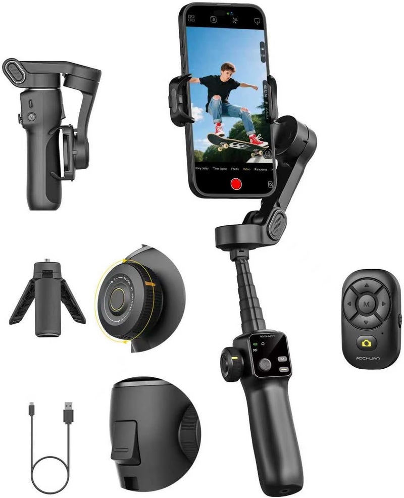 AOCHUAN Gimbal Stabilizer for iPhone w/Bluetooth Remote, 3-axis Phone Stabilizer w/7.8” Extension Rod, AI Face Tracking Smartphone Gimbal, Gesture Control for Video Shooting - Smart V8 Kit Black - Image 1